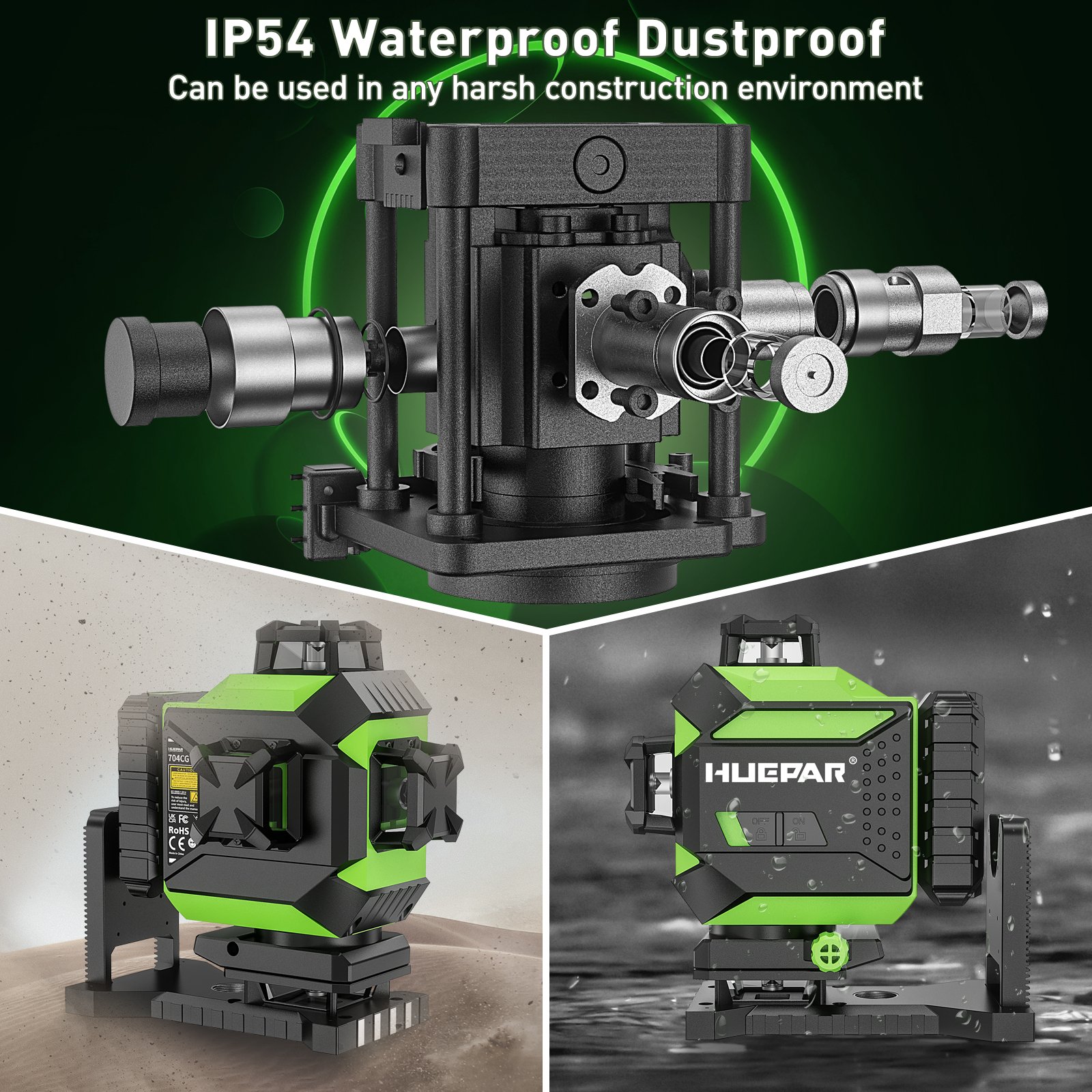 Huepar 704CG Laser Level Self-Leveling 16 Lines Auto 4D Rotary Green Beam Cross Line