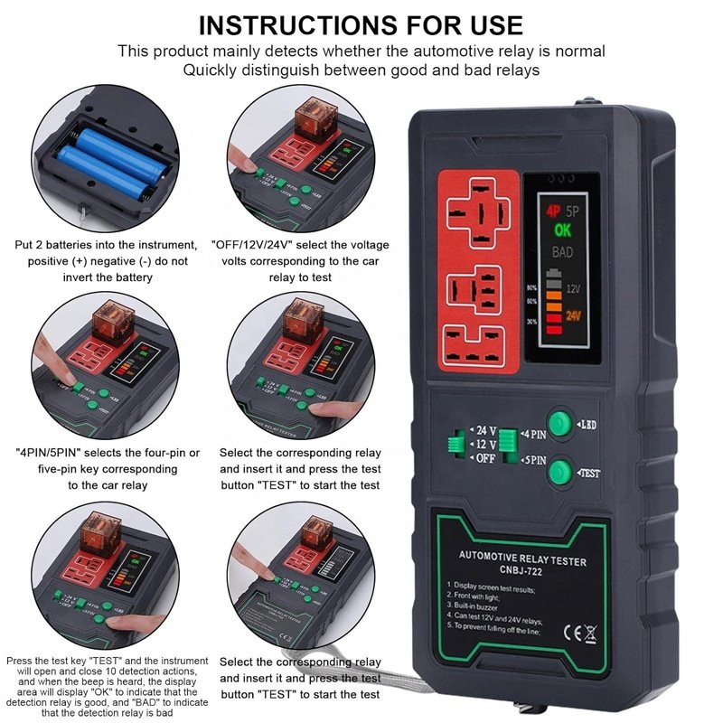 Car Relay Tester 12V 24V Electronic Automotive-Universal Motorcycles Battery Checker Alternator-Analyzer Diagnostic Tool 197x95