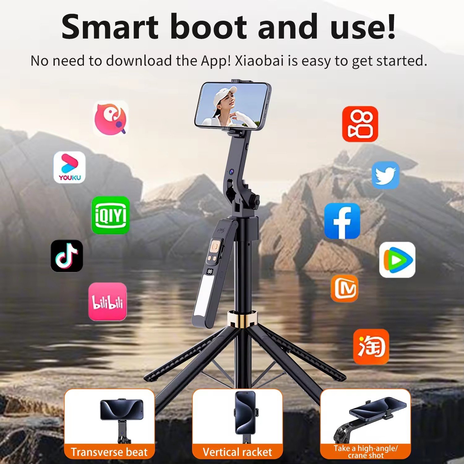 Original Factory 360° Face Tracking Selfie Stick 180CM Extended Height Rotation Tracking Gimbal with Fill Light Handle CL12-P
