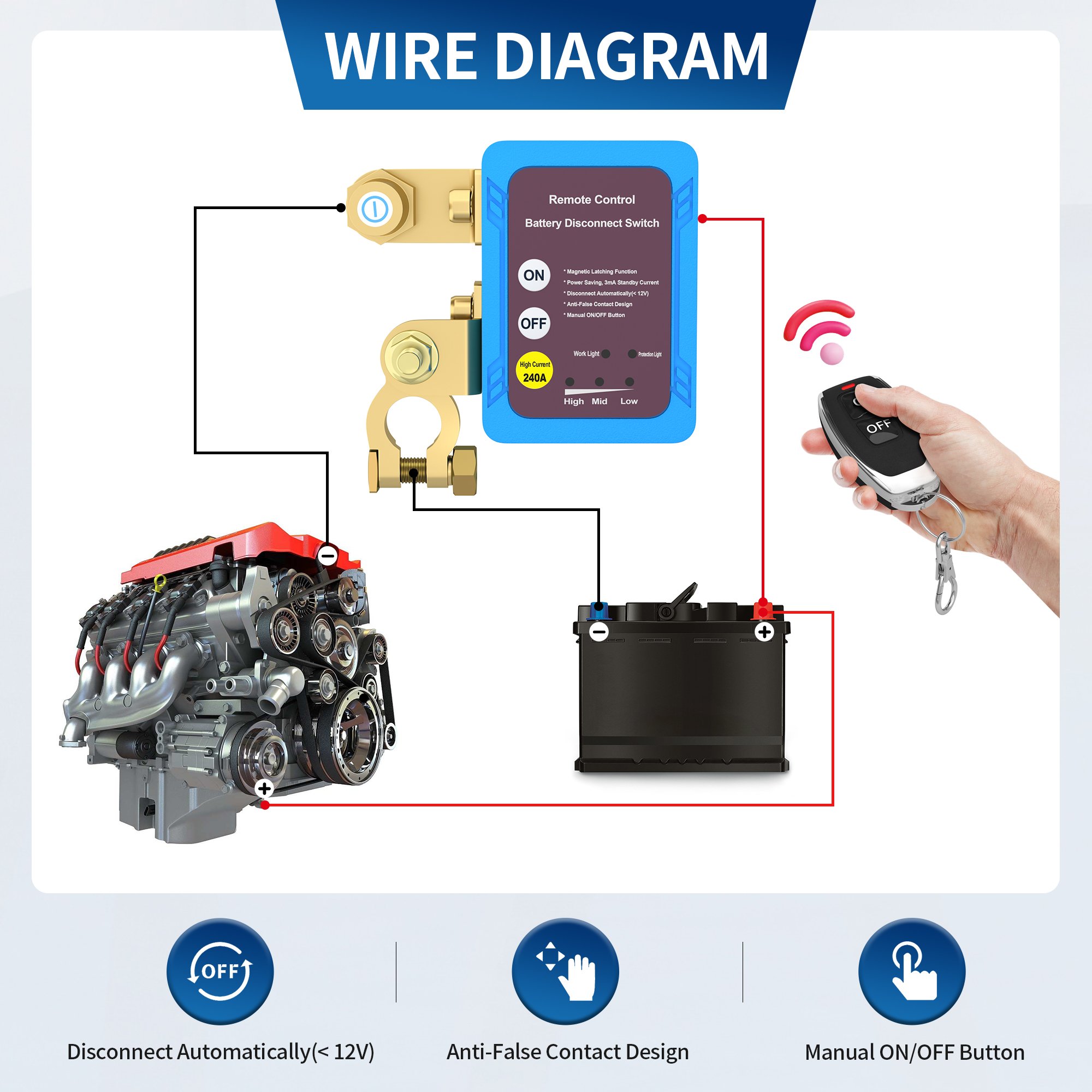 12V 240A Remote Kill Switch Remote Cut Off Switch Truck Marinme Remote Battery Disconnect Switch for Auto Car Truck Boat