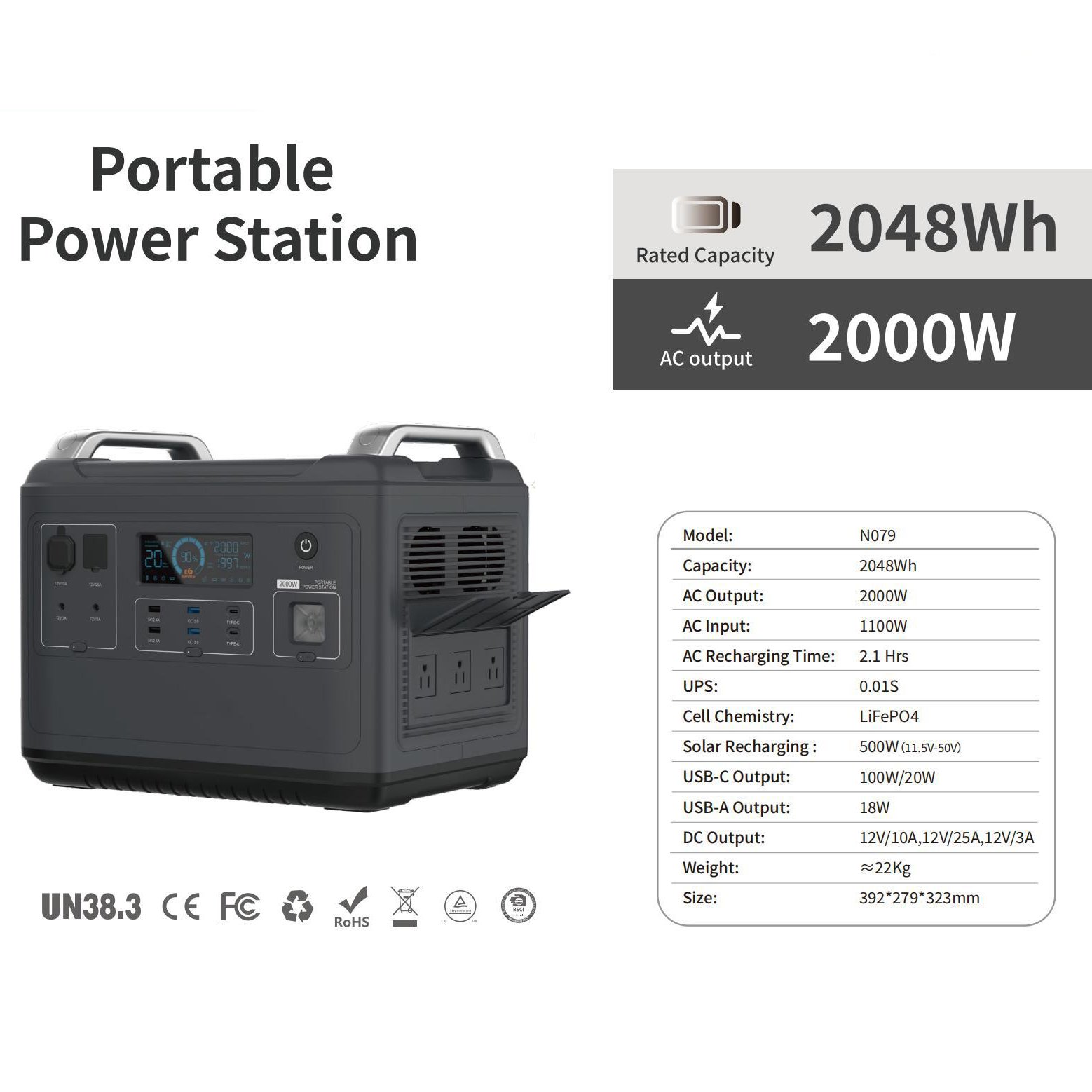Power Dream 2000W Ac Portable Solar Power Station 110V/220V with USB Lithium Battery Jump Starter Portable Energy Generator