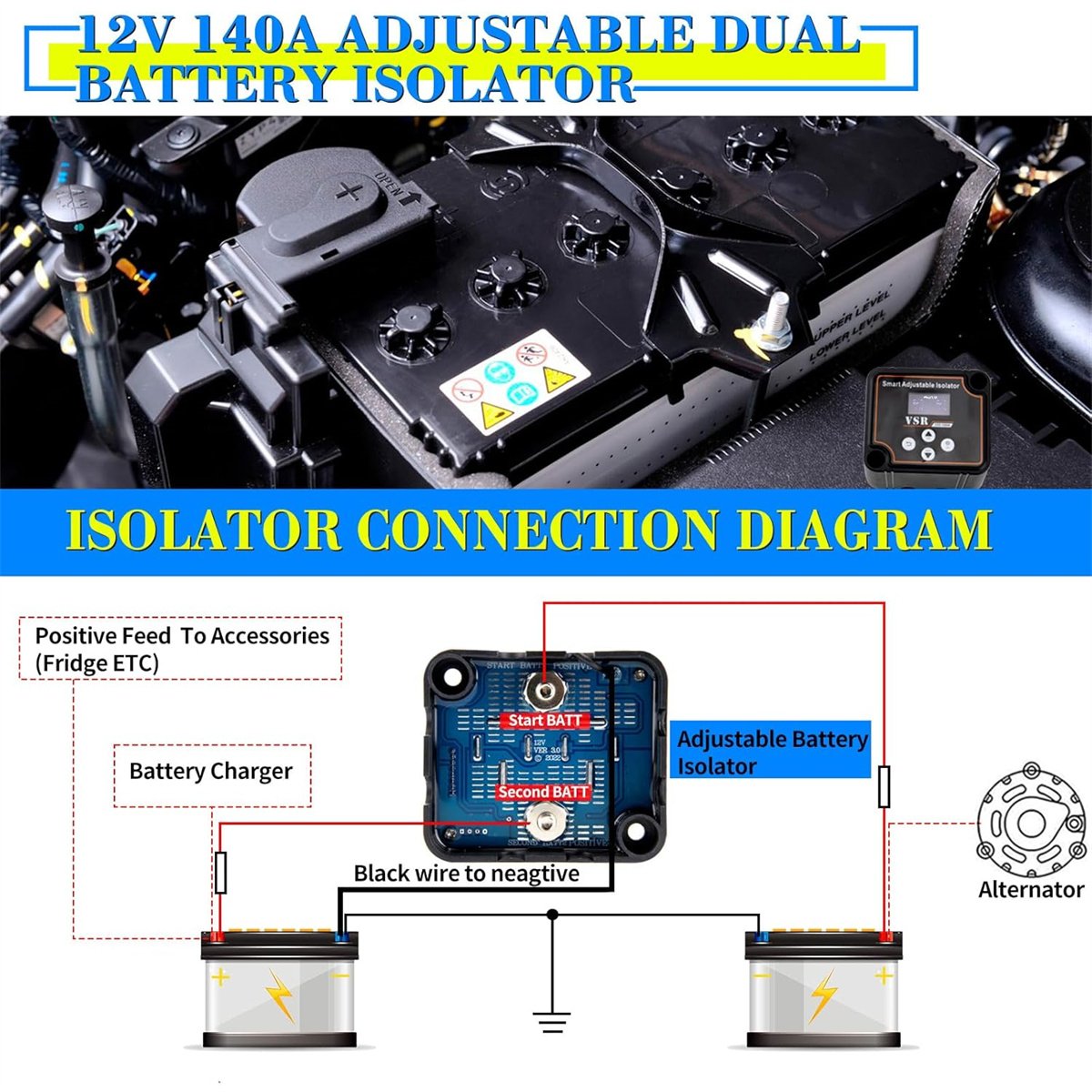 Adjustable Dual Battery Isolator with Voltage Indication 12v 140amp Voltage Sensing Relay VSR Smart Battery Isolator Voltage