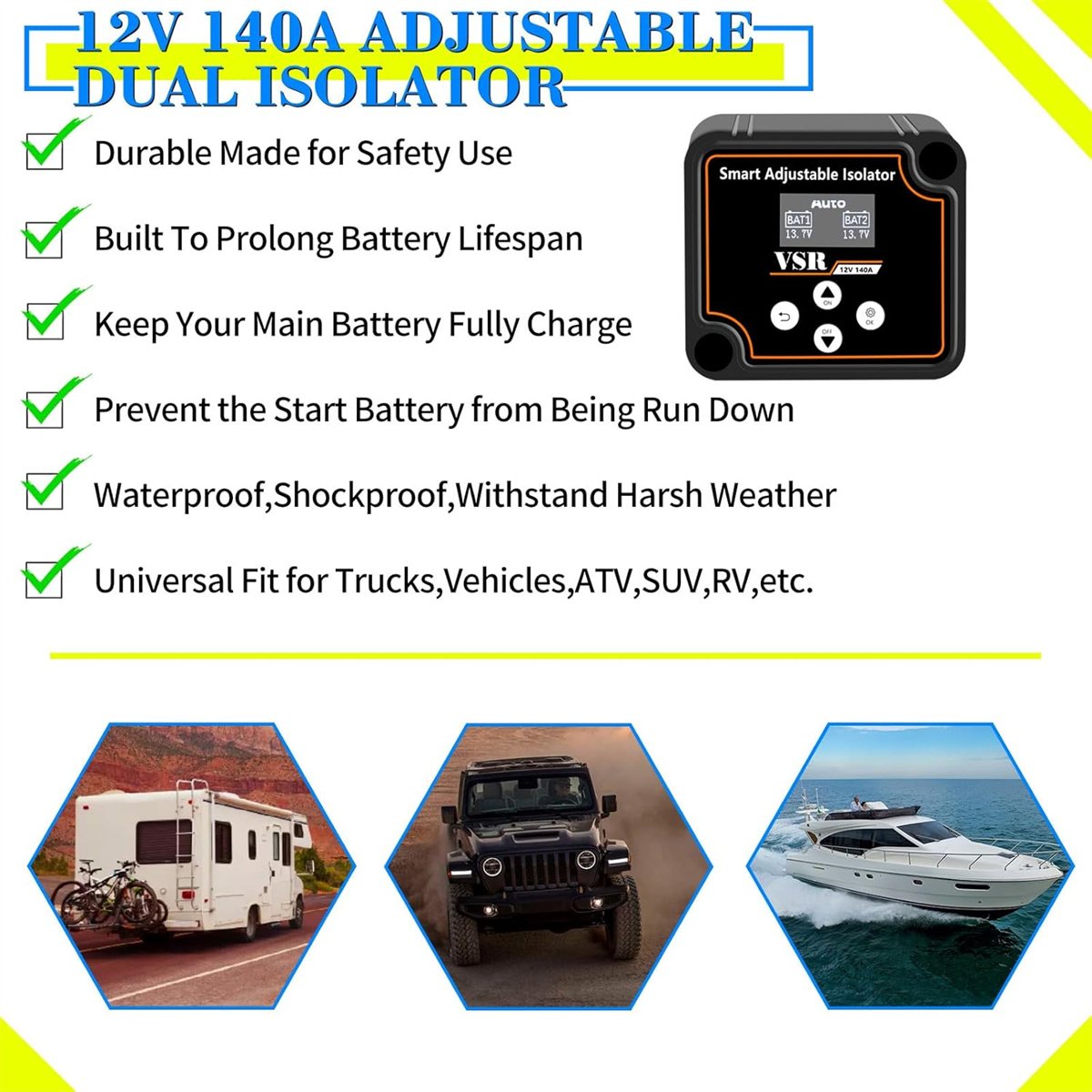 Adjustable Dual Battery Isolator with Voltage Indication 12v 140amp Voltage Sensing Relay VSR Smart Battery Isolator Voltage
