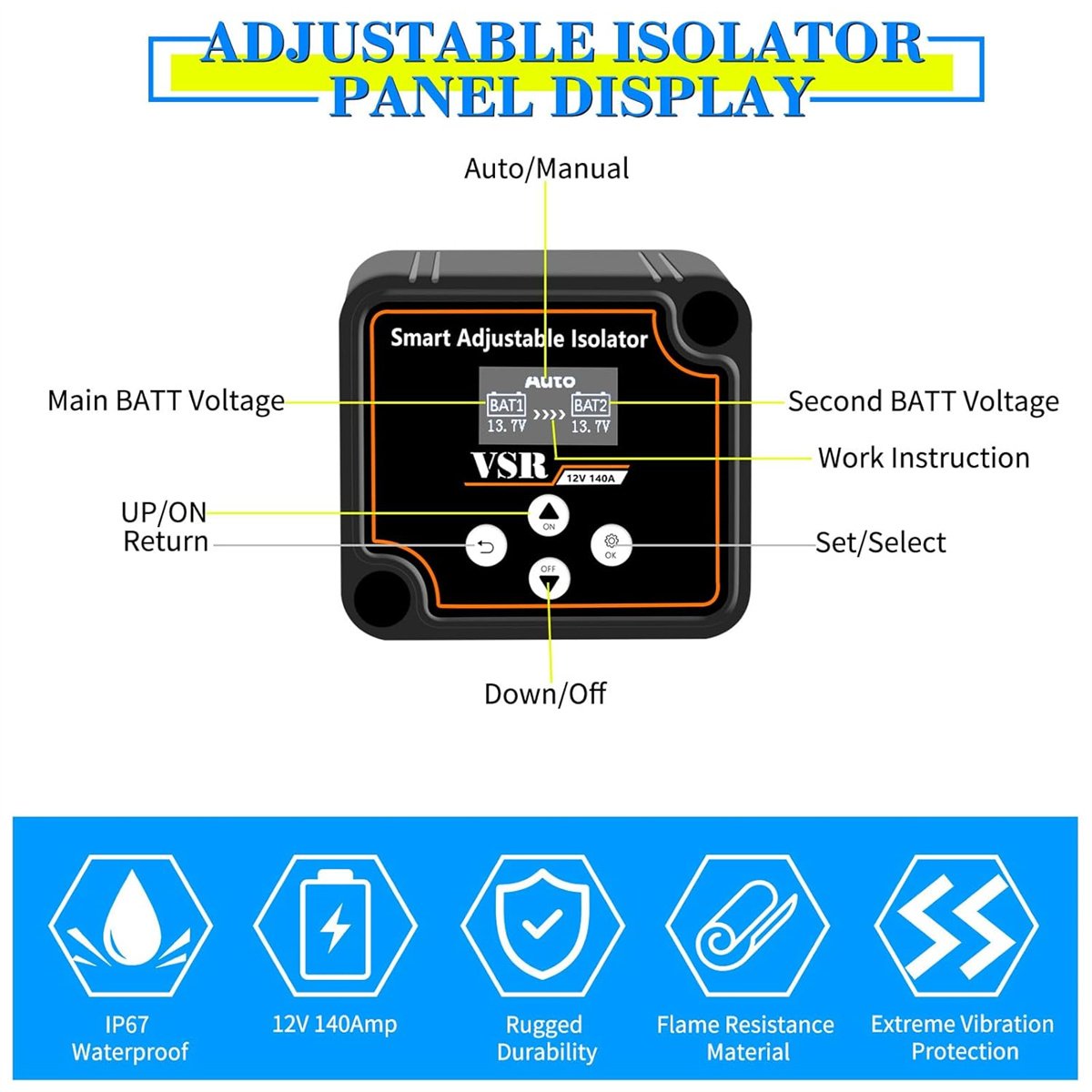 Adjustable Dual Battery Isolator with Voltage Indication 12v 140amp Voltage Sensing Relay VSR Smart Battery Isolator Voltage