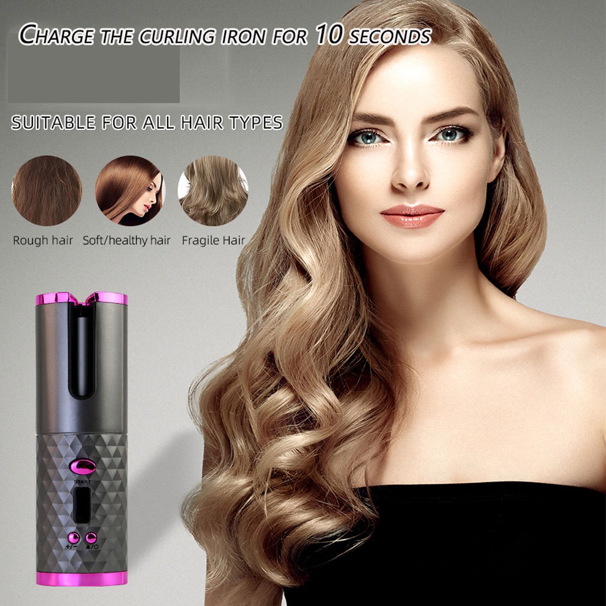 Professional Cordless Auto Curler USB Charging and Portable Hair Curler with 6 Adjustable Temperature & Timer