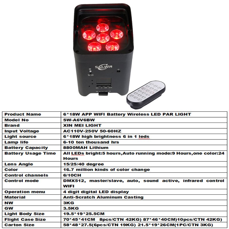 Sailwin Stage Lighting DMX512 Wedding DJ Uplight RGBWA+UV 6 in 1 Led Par Light Wireless Battery& Remote IR Control Stage Light