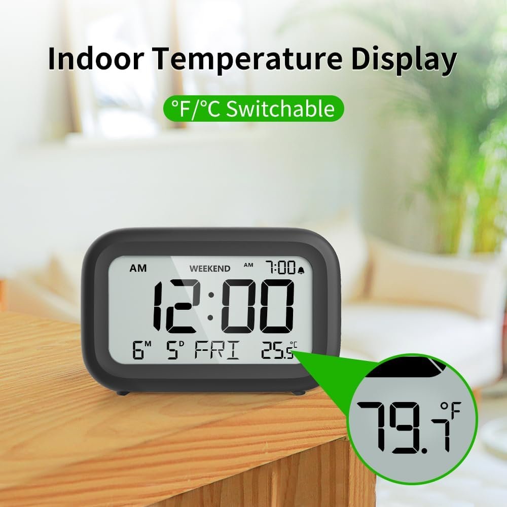 Digital Alarm Clock Bedside Battery Powered Clock with LCD Display Volume Adjustable Snooze and Weekend Mode for Bedroom Office