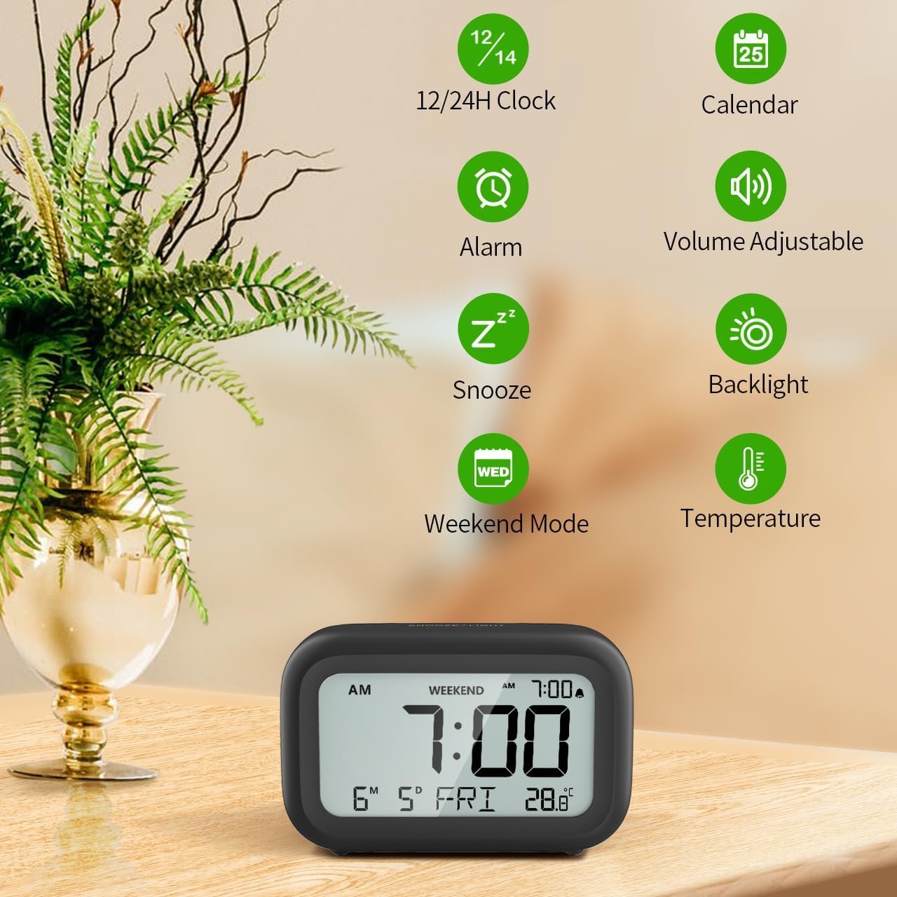 Digital Alarm Clock Bedside Battery Powered Clock with LCD Display Volume Adjustable Snooze and Weekend Mode for Bedroom Office