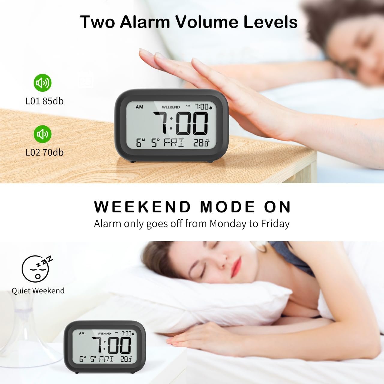 Digital Alarm Clock Bedside Battery Powered Clock with LCD Display Volume Adjustable Snooze and Weekend Mode for Bedroom Office