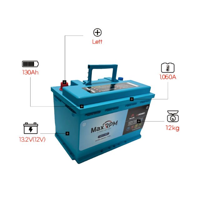 Korean Maxline Long Life Span Lithium Iron Phosphapate (LiFePO4) 12V Car Battery 130Ah Capacity 1,050CCA ENERGY MX C 70D