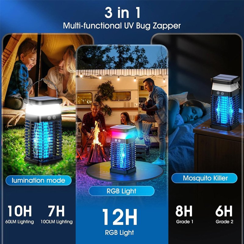 Solar Bug Zapper Outdoor & Indoor Mosquito Zapper Waterproof Fly Trap Portable Electric Mosquito Killer with LED Light for Home