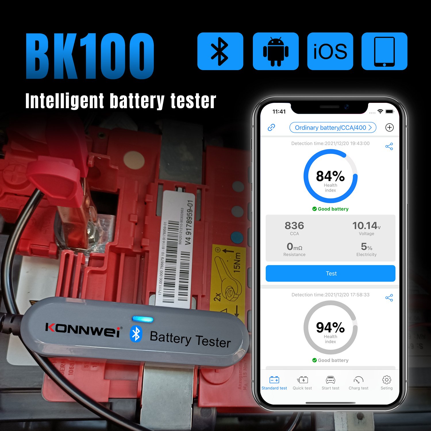 Konnwei BK100 for Bluetooth 12V Car Battery Tester Analyzer Diagnostic Tools for Load Testing Efficient and Portable