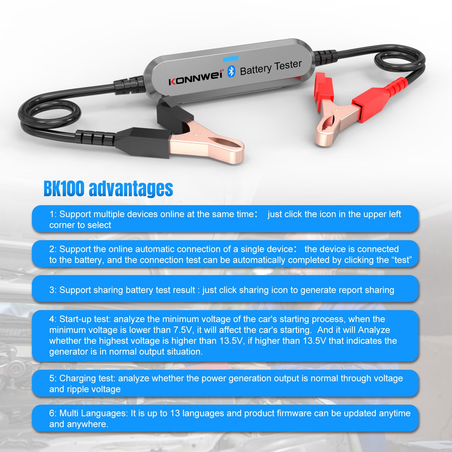 Konnwei BK100 for Bluetooth 12V Car Battery Tester Analyzer Diagnostic Tools for Load Testing Efficient and Portable