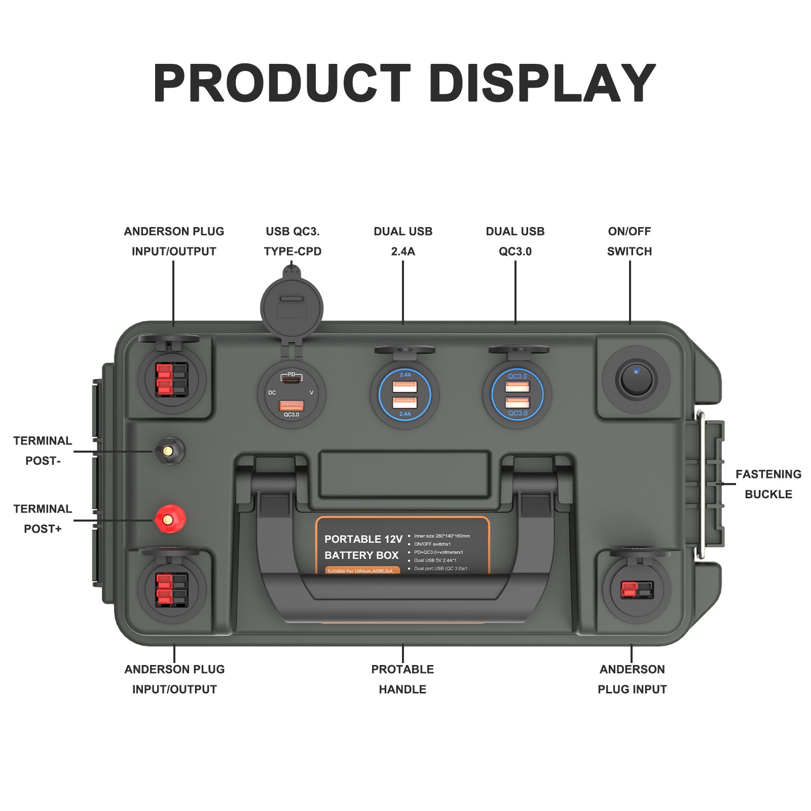 Auto Batteries Box with Solar Plug Marine Trolling Motor Power Center Lithium 12V Battery Box