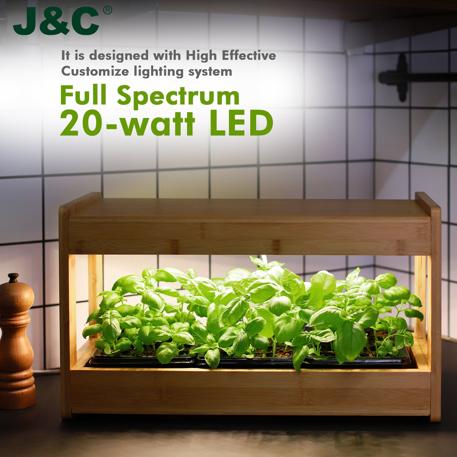J&C Minigarden Herb Garden Starter Kit Bamboo Material Planter Grow Indoor Garden LED Grow Lights for Seeds