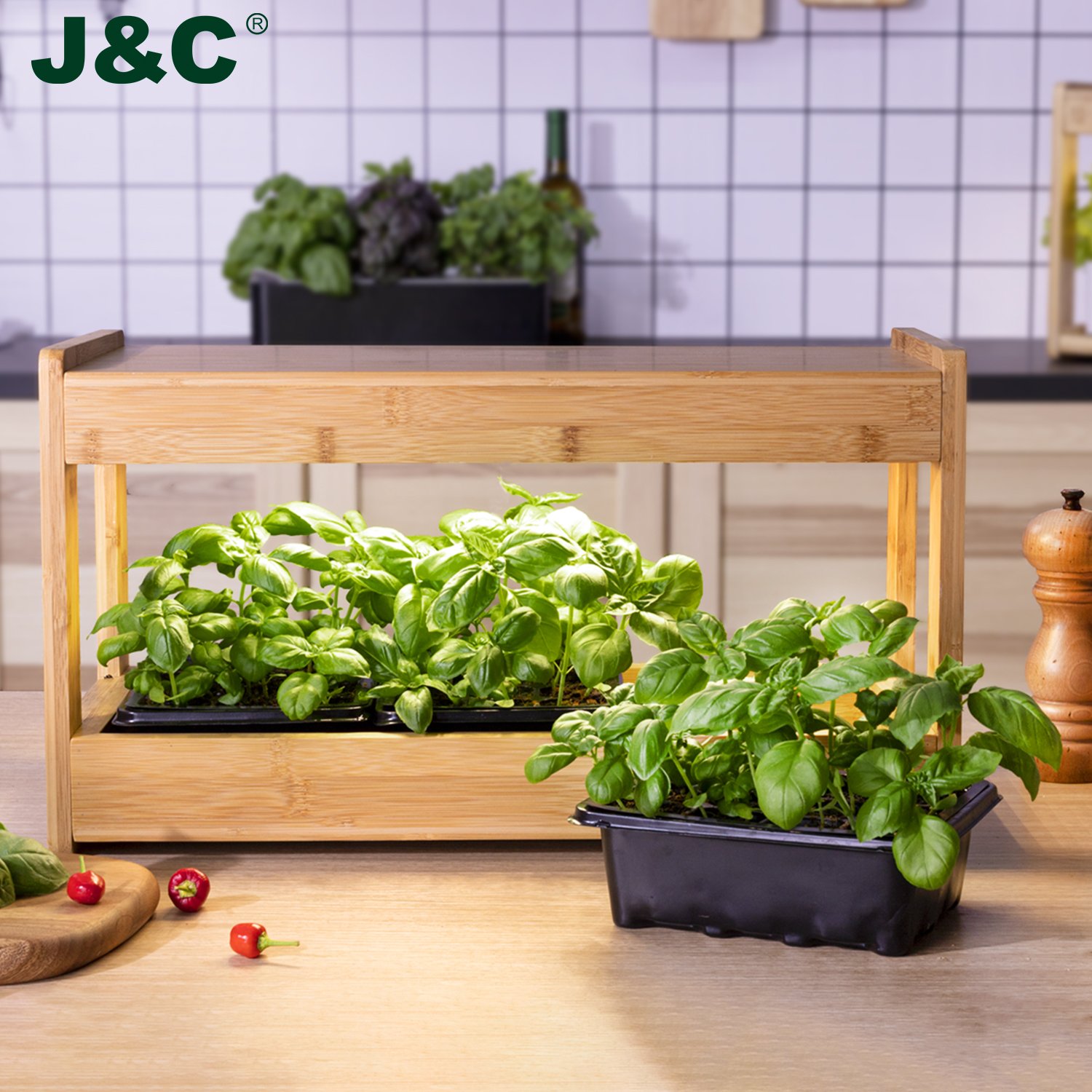 J&C Minigarden Herb Garden Starter Kit Bamboo Material Planter Grow Indoor Garden LED Grow Lights for Seeds