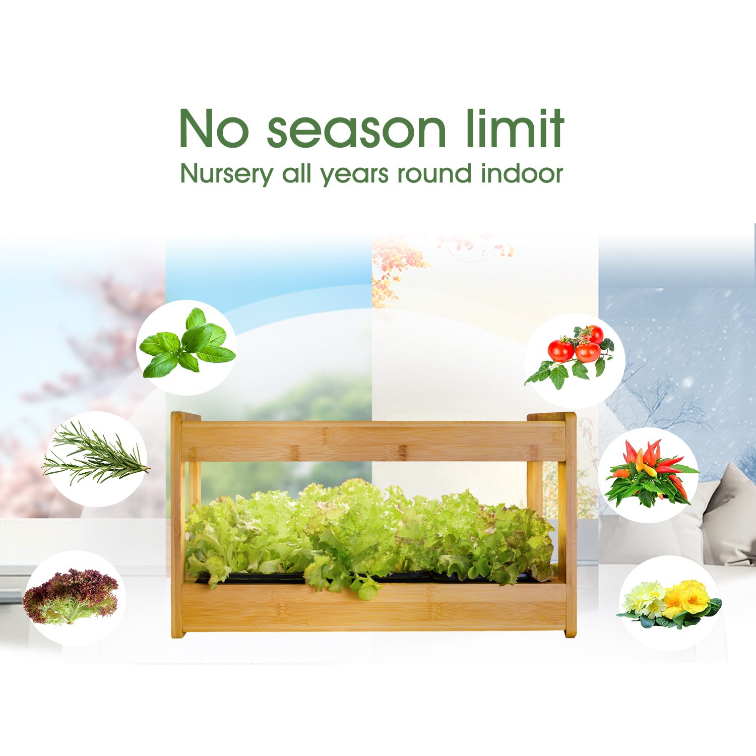 J&C Minigarden Herb Garden Starter Kit Bamboo Material Planter Grow Indoor Garden LED Grow Lights for Seeds