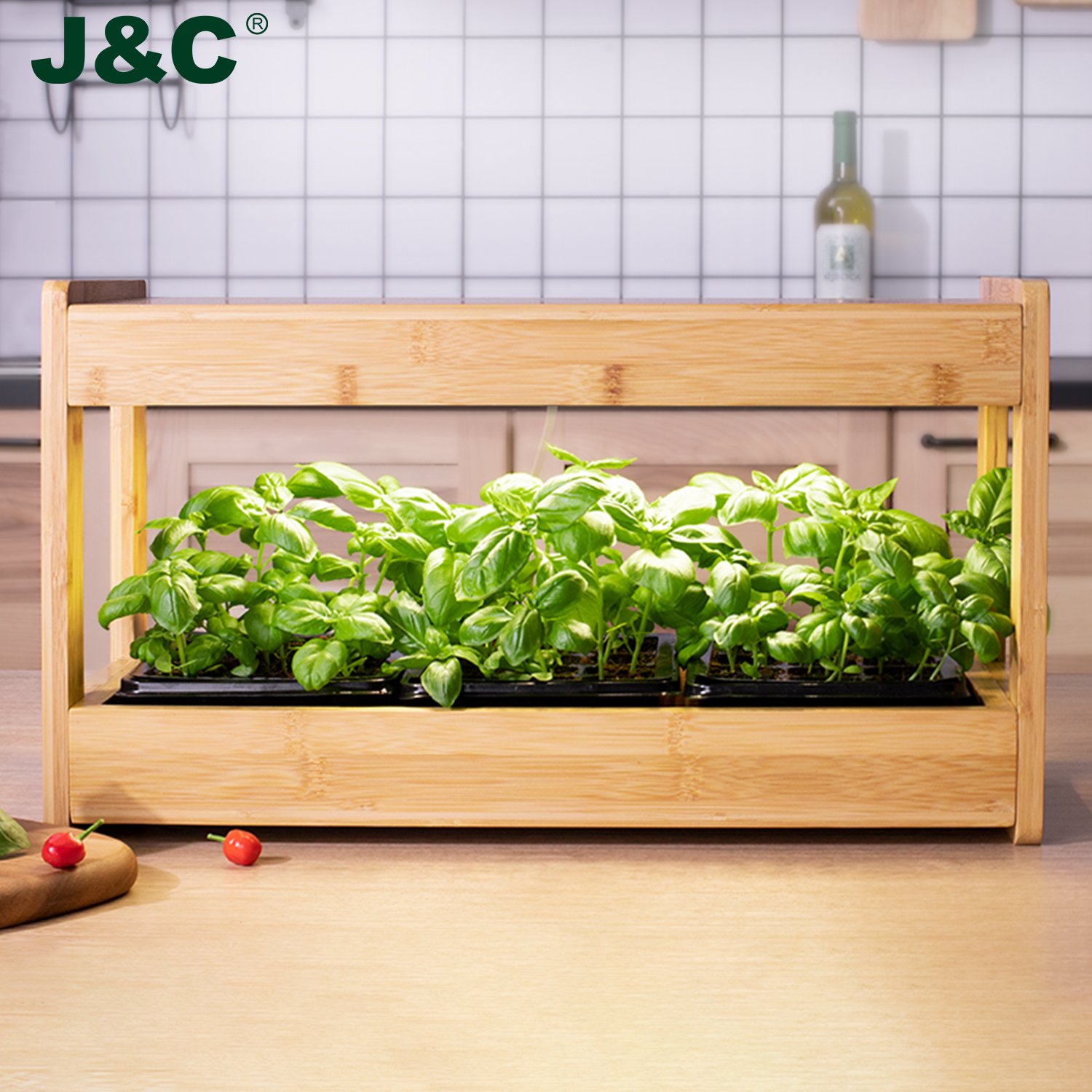 J&C Minigarden Herb Garden Starter Kit Bamboo Material Planter Grow Indoor Garden LED Grow Lights for Seeds