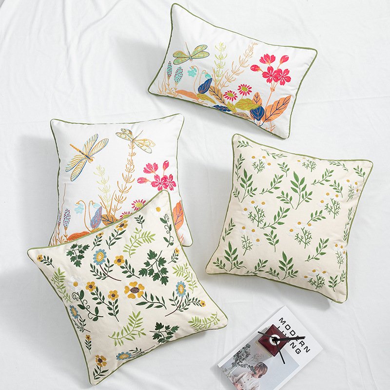 Home Decor Green Spring Leaves Flower Embroidery Cotton Sofa Couch Pillow Case Cushion Cover Supplies