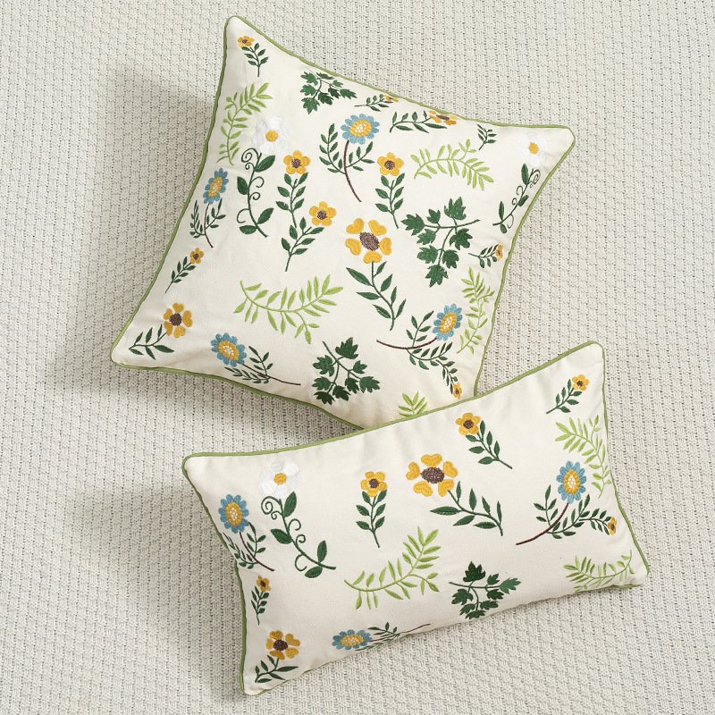 Home Decor Green Spring Leaves Flower Embroidery Cotton Sofa Couch Pillow Case Cushion Cover Supplies