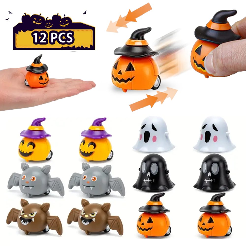 12 Pack Halloween Pull Back Cars Bat Pumpkin Ghost Mini Crawling Toys for Party Favors Trick-or-Treat Alternatives
