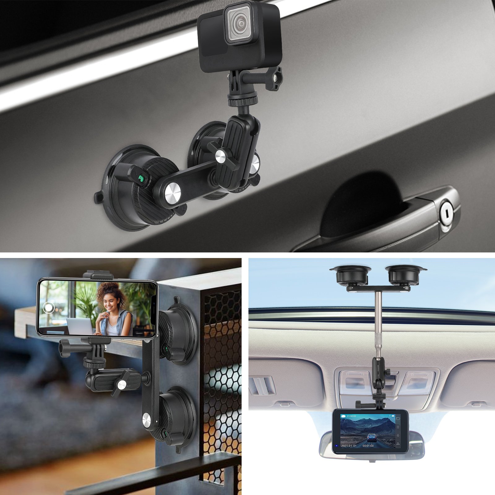 Dual Suction Cup Base Aluminum Alloy Extended Pole Bracket Universal Flexible Mobile Holder for Phone and Camera Desk Usage