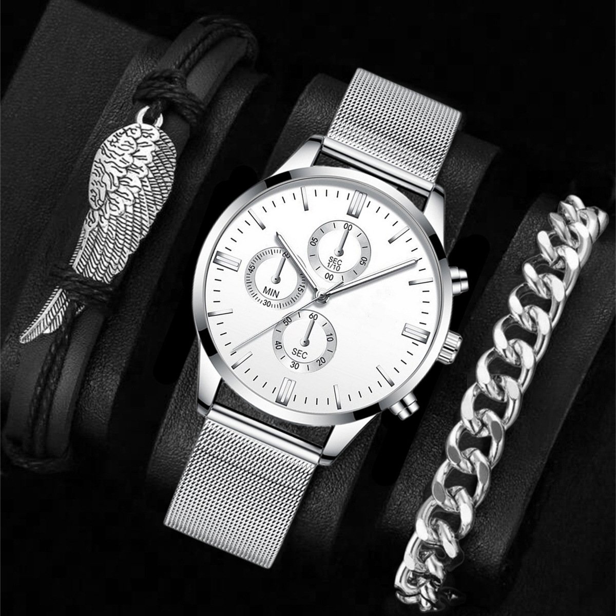 NJC Men's Leisure Sports Watch with Leather Bracelet Business Fashion Jewelry Sets Quartz Movement Wholesale