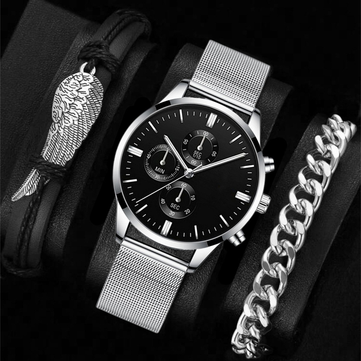 NJC Men's Leisure Sports Watch with Leather Bracelet Business Fashion Jewelry Sets Quartz Movement Wholesale