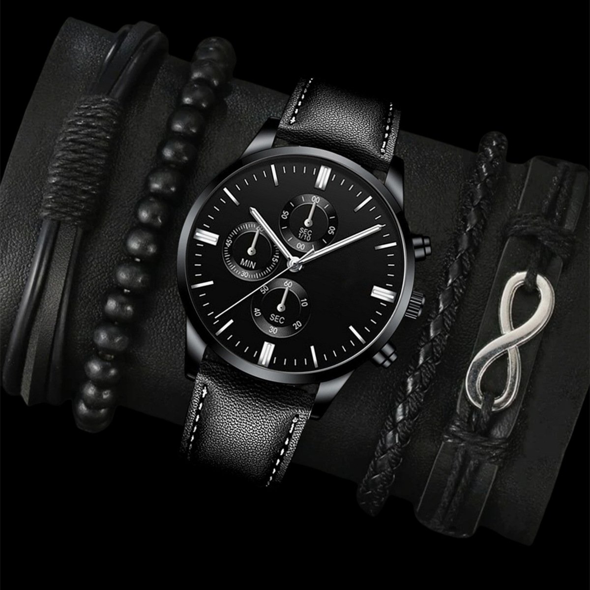 NJC Men's Leisure Sports Watch with Leather Bracelet Business Fashion Jewelry Sets Quartz Movement Wholesale