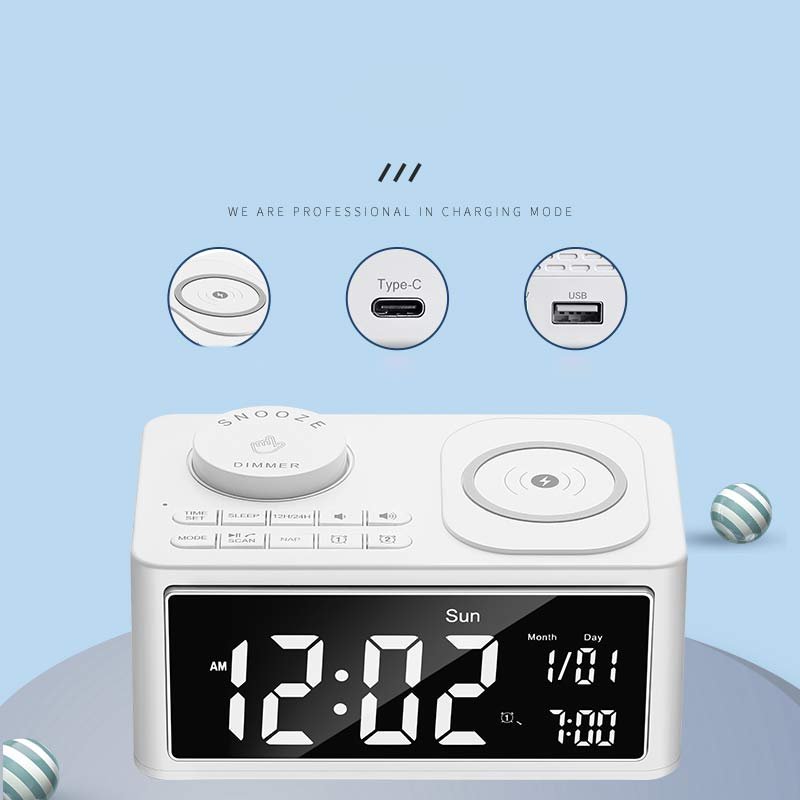 H7 Bedside Alarm Clock Radio with USB Charger, Blue-tooth Speaker, FM Radio,Wireless Charging & LED Display Auto Time Setting