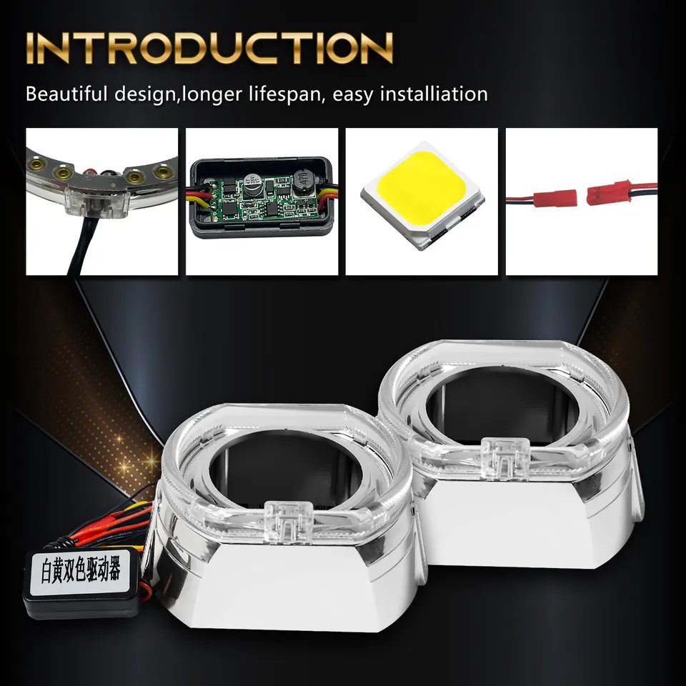 2.5 Inch Mini AE Projector Shrouds with Buckle LED Angel Eye Chrome Black Headlight Shroud Sets Compatible with Models