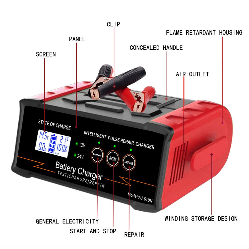 High Quality DC 12V 24V Universal Fan Car Automatic Battery Charger Auto Moto Lead Acid AGM Gel VRL Battery Charger