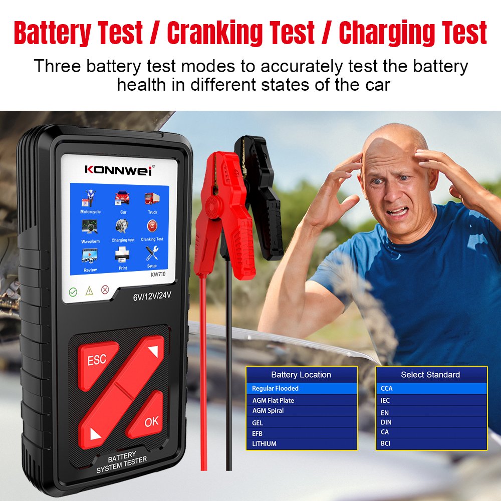 6V 12V 24V Car Battery Testing Equipment Konwei Kw710 Load Tester Auto Battery Analyzer