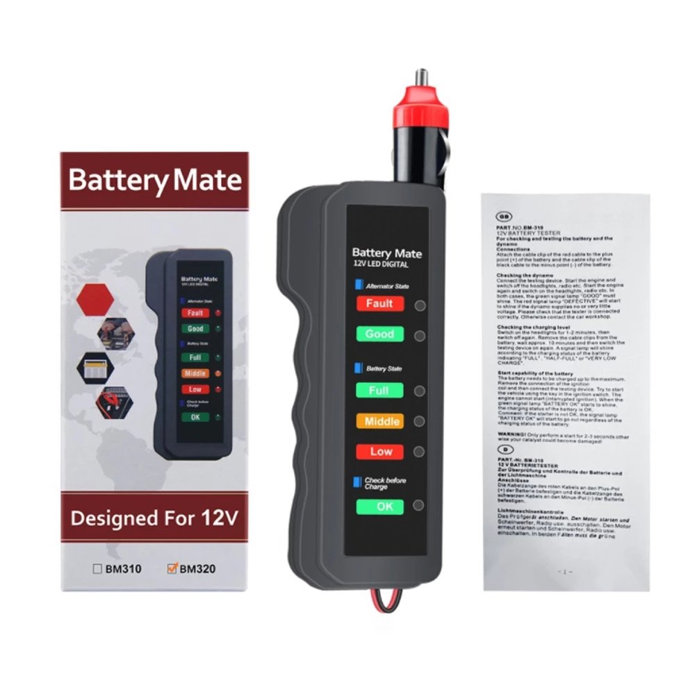 BM320 Car Battery Tester Digital Alternator Tester for Auto Car Motorcycle Display Car Vehicle Battery Testing Tool