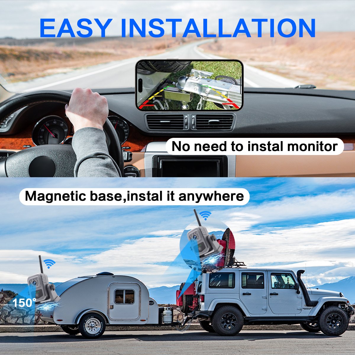 Magnetic Wireless Backup Camera Built in Battery for Mobile Wifi App IP68 Support 1080P Reverse Camera for Car Truck Van RV