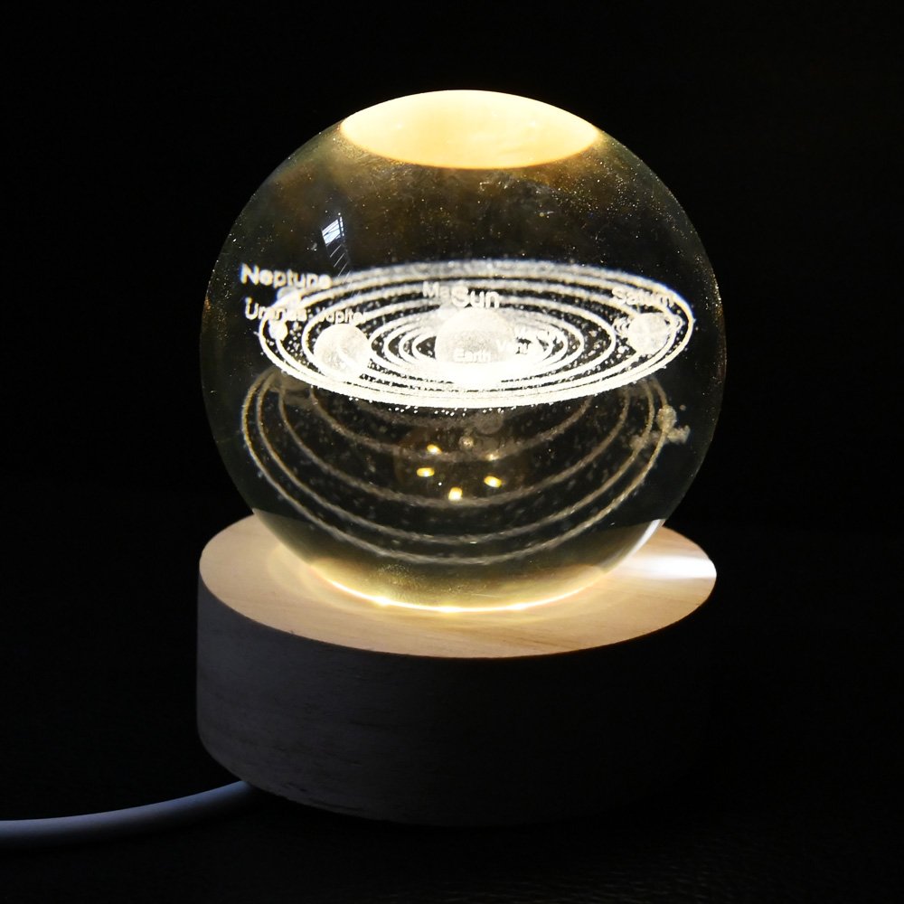 Engraved Illusion Wood Base Luminous Crystal Ball Crafts Birthday Gifts 3D Nebula Solar Artwork Night Light Lamp Home Decor