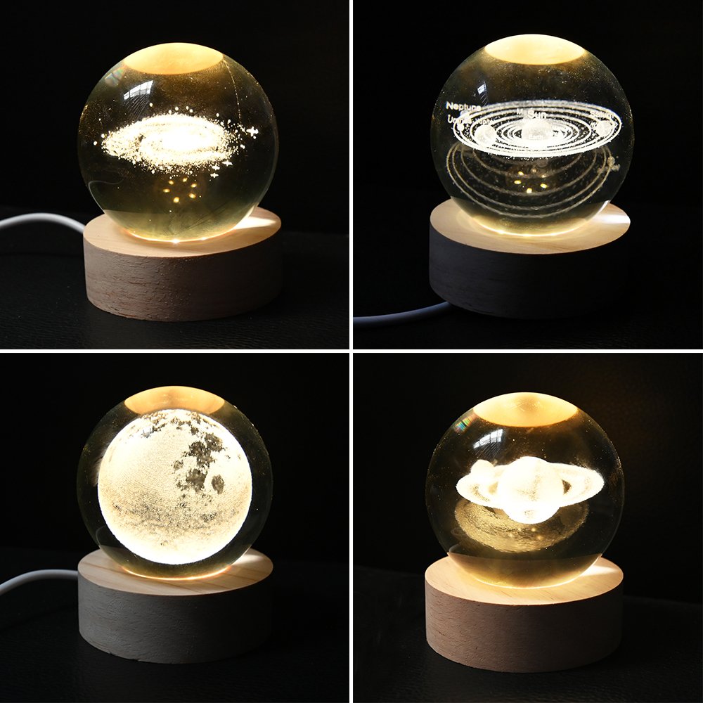 Engraved Illusion Wood Base Luminous Crystal Ball Crafts Birthday Gifts 3D Nebula Solar Artwork Night Light Lamp Home Decor