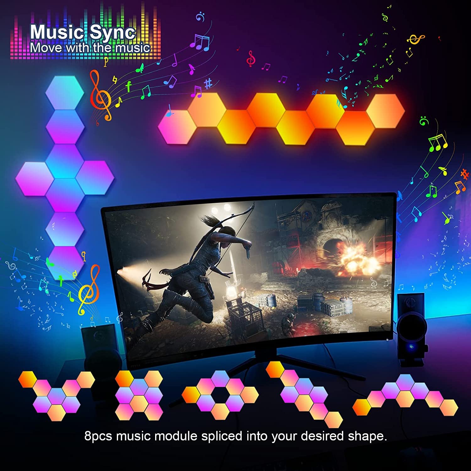 Hexagonal LED Pared Luces 8pcs RGB Gaming Panel Sincronizacion De Music Hexagonales Gamer Habitacion Pared Decoracion Lampar