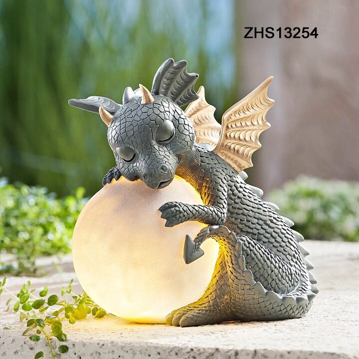 Cartoon Waterproof Garden Outdoor Dragon Resin Statue LED Solar Decoration