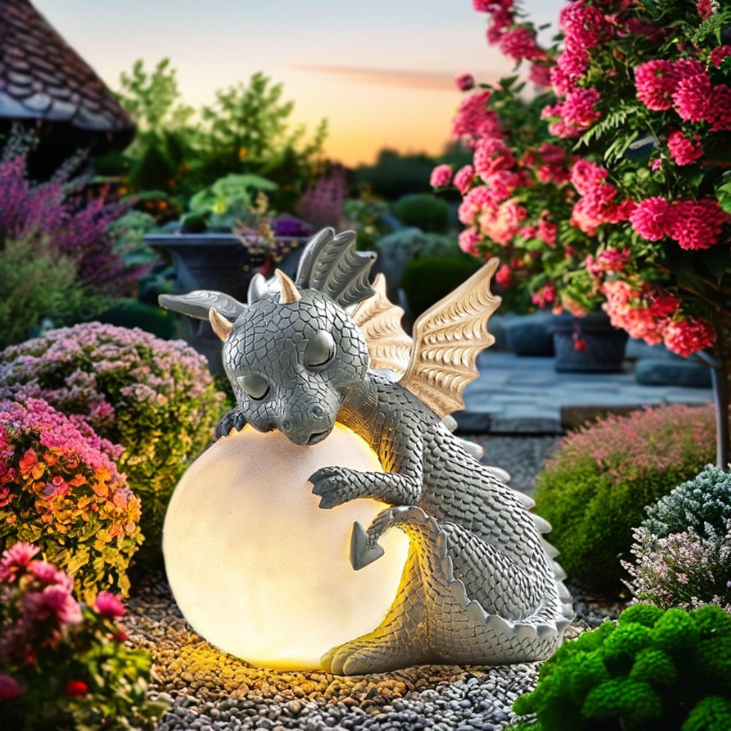 Cartoon Waterproof Garden Outdoor Dragon Resin Statue LED Solar Decoration