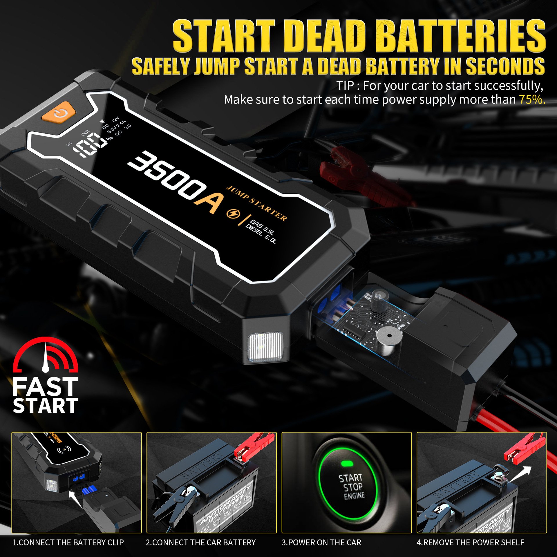 24000mAh Wireless Charging Jump Starter Power Bank LED Light Car Starter with 2000A Peak Current for Trucks and Motorcycles