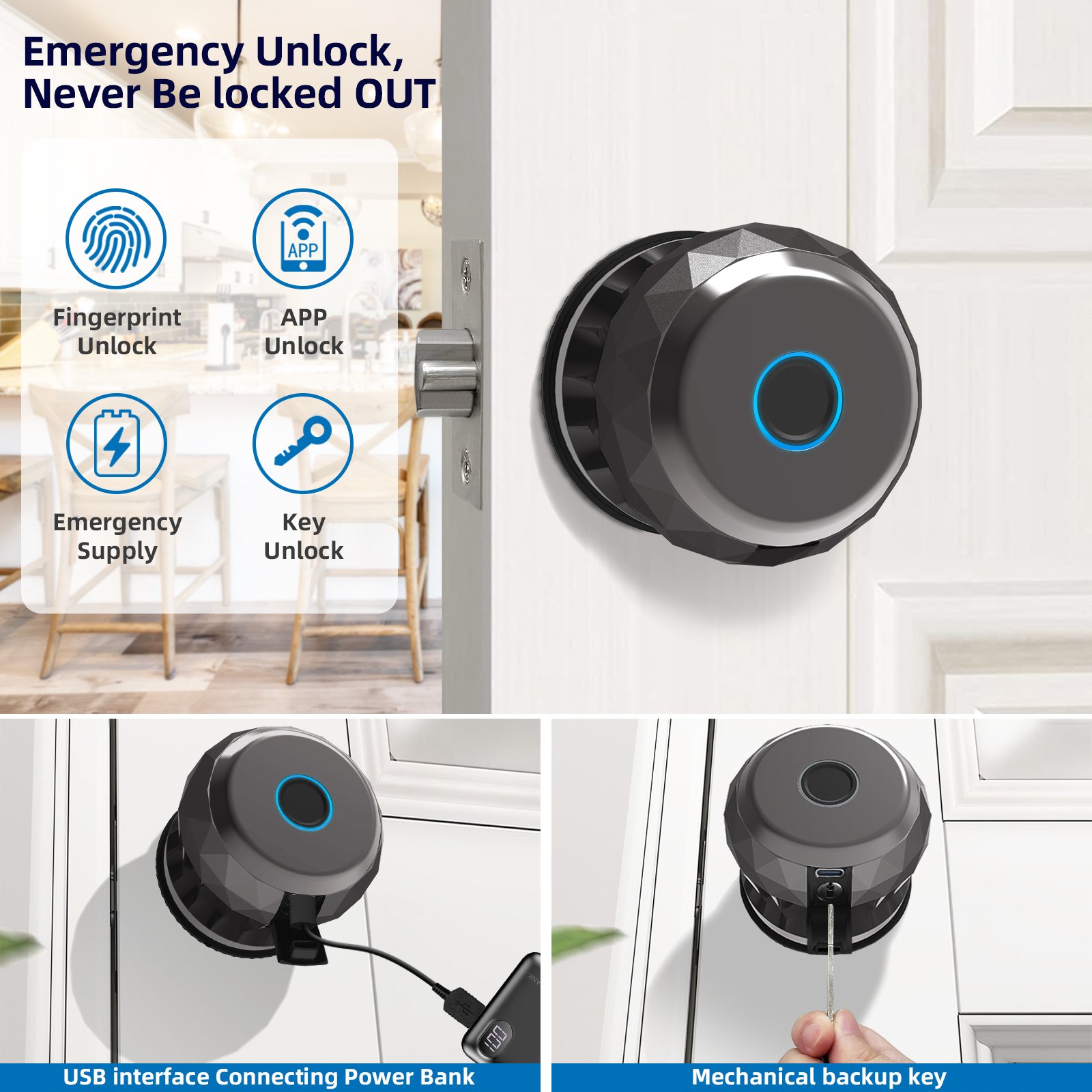 SINOVO Fingerprint Tuya BLE Smart Door Lock Keyless Ball Knob Digital Bedroom Door Lock