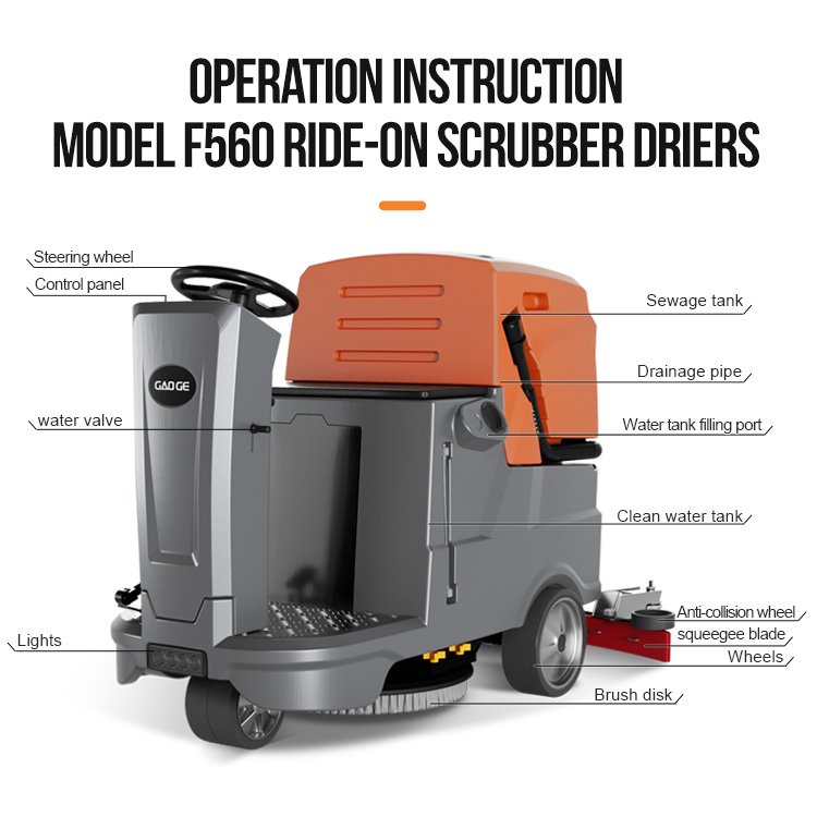 Gaoge F560 Electric Battery 13 inch Ride on Driving Floor Industrial Scrubber Dryer Floor Washing Cleaning Machine
