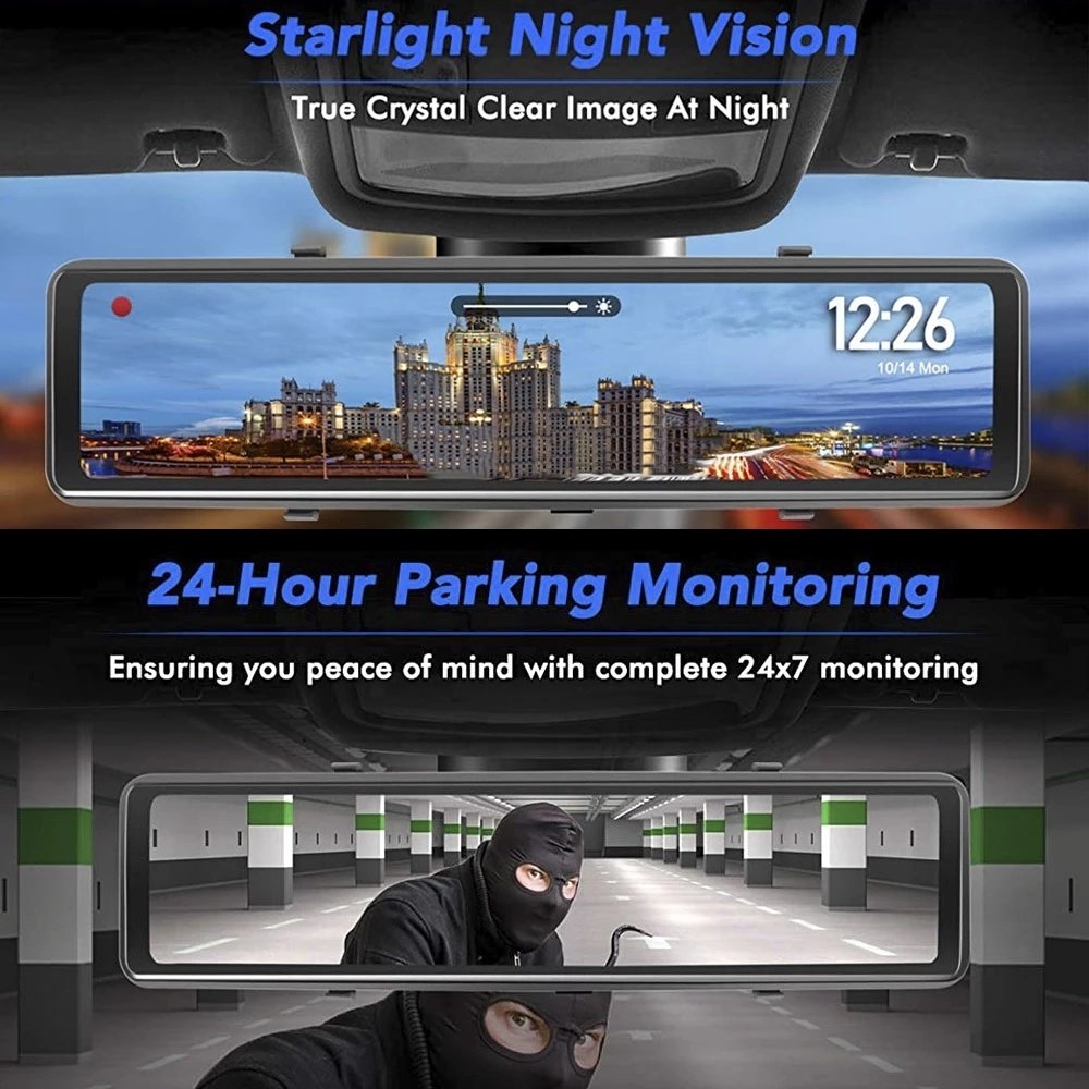 12 Inch 4K+1080P Dual Lens Rearview Mirror Car Dvr Video Recorder Reverse Dash Camera Dash Cam Front and Rear 4k With GPS WiFi