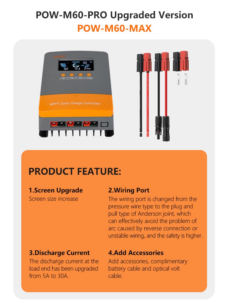 PowMr High Charging Efficiency 60A Solar System Charge Controller Max PV Input 160Vdc Solar Charge Controller