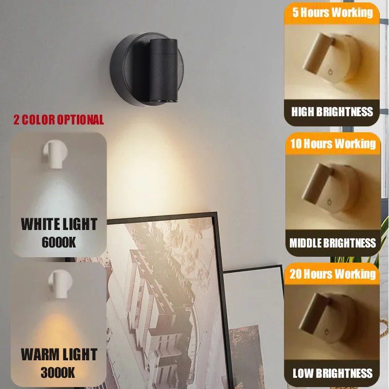 VANTONE 3000k-6000k Adjustable Wall Light Battery Operated Wall Lights Rechargeable Reading Wall Lamp for Indoor Bedside Bedroom
