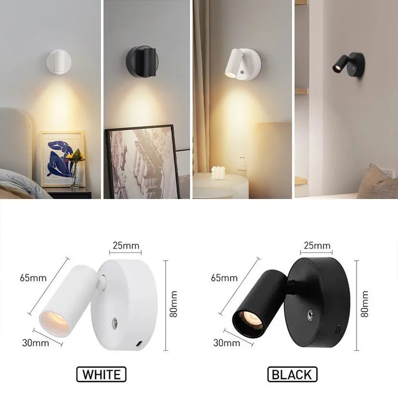 VANTONE 3000k-6000k Adjustable Wall Light Battery Operated Wall Lights Rechargeable Reading Wall Lamp for Indoor Bedside Bedroom