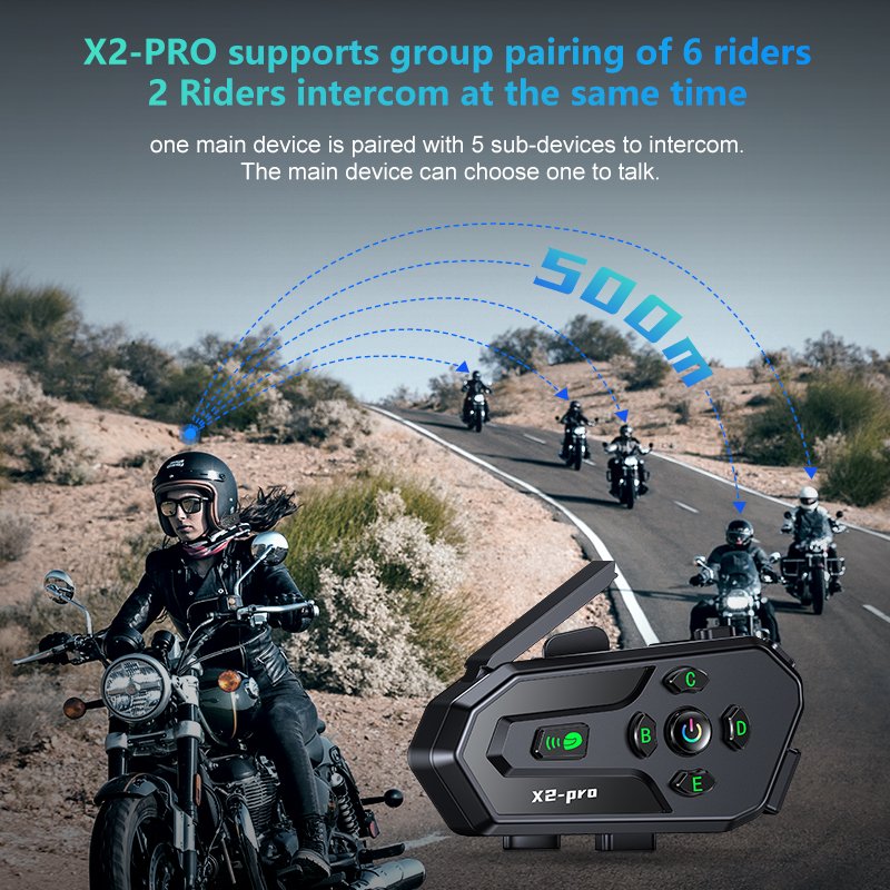 X2-PRO Waterproof Music Sharing to Multiple Devices Motorcycle Helmet Hadsets 6rider 500M Intercom Helmet Auto Answer Headset