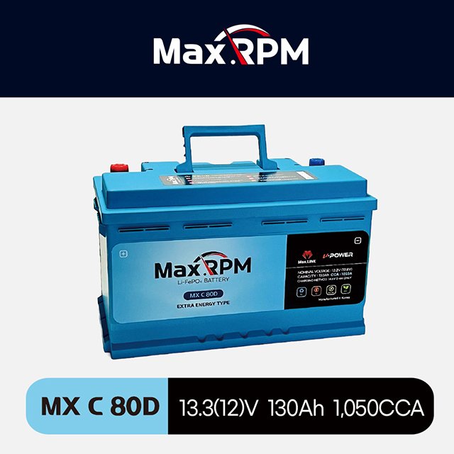 Korean Maxline Long Life Span Lithium Iron Phosphapate (LiFePO4) 12V Car Battery 130Ah Capacity 1,050CCA ENERGY MX C 80D