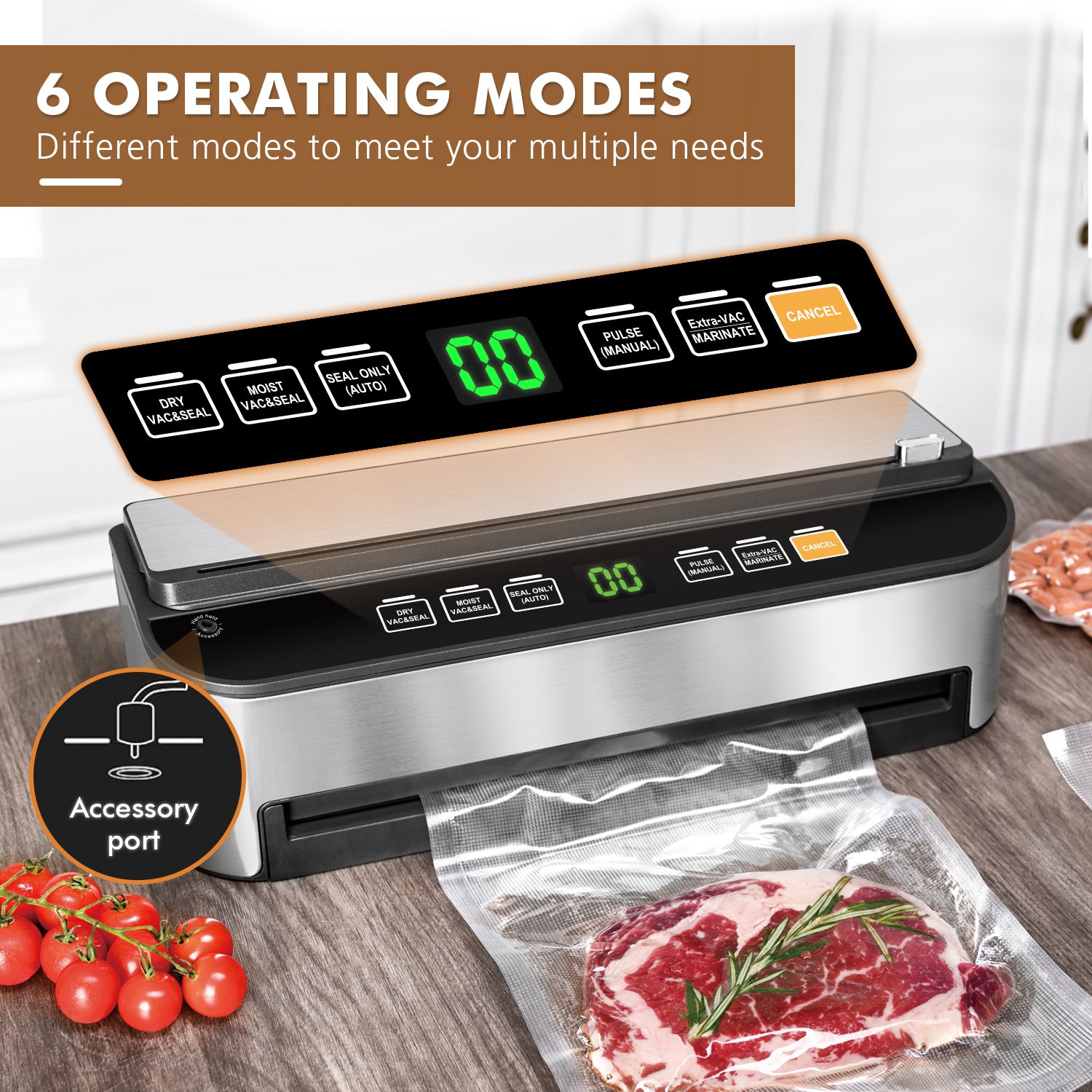 Smart Vacuum Sealer Full Automatic Food Sealer Machine With Auto Dry/Moist Detection Roll Bag and Built-in Cutter Powerful